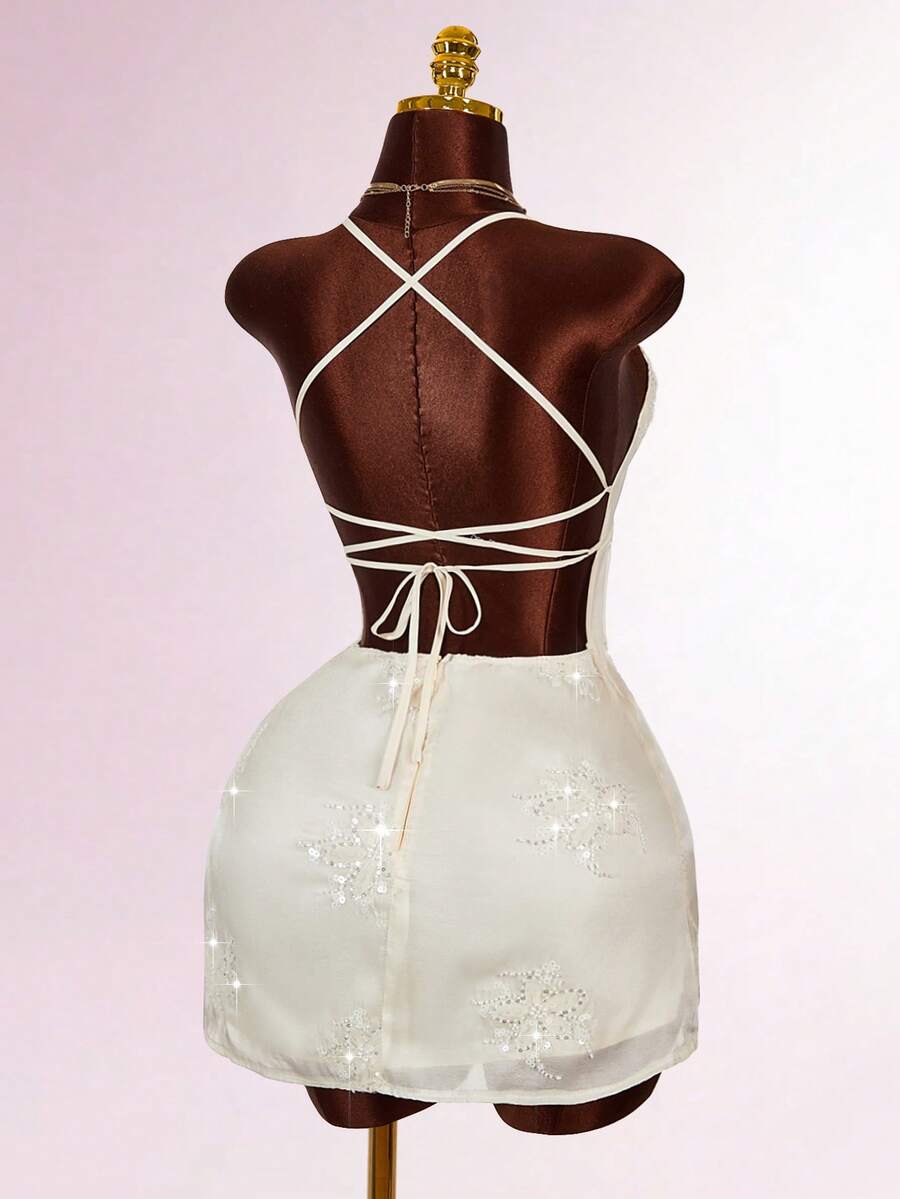 Amplova Women's Mini Dress With Backless, Beaded Embroidery, Halter Neck Criss-Cross Straps, Sexy & Avant-Garde - White - View 1