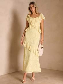 Enchnt 女士纯色荷叶边下摆甜心领优雅短袖连衣裙 - 黃色 - 查看 1