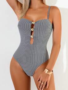 Swim Chiccia Maillot de bain une pièce sexy en tissu rayé avec décoration de perles pour les vacances à la plage - Noir et Blanc - Voir 3