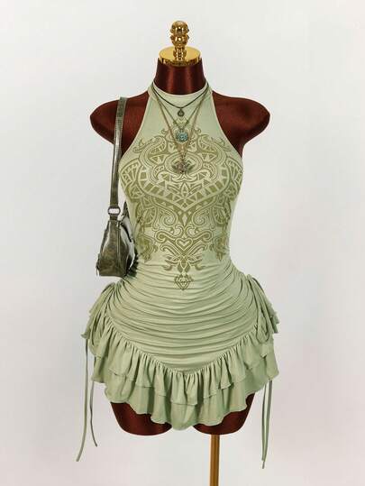 Amplova Ruffled High Neck Asymmetrical Hem Waist Cinched Mini Dress