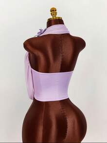 Amplova Áo lưới xuyên thấu bất đối xứng dành cho nữ, trang trí hoa giả. - Màu tím hoa cà - Xem 7