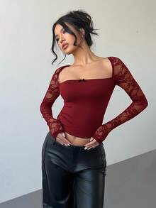 Aloruh Women's Lace Crew Neck Long Sleeve Fitted Cropped Fashionable T-Shirt - Burgundy - View 6