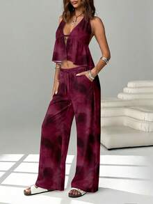 SHEIN EZwear 休闲简约度假波西米亚风优雅浪漫复古渐变印花图案，适合音乐节、派对、海滩、度假穿着，女士系带吊带背心和抽绳阔腿裤两件套 - 彩色 - 查看 6