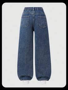 SHEIN Tween Girl Y2K Street Daily Elastic Waist Straight Jeans With Flat Pockets, Girls Daily OOTD Outfits Fall Winter - Dark Wash - View 2