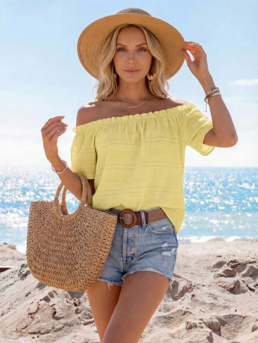 Sylviya Áo sơ mi nữ tay ngắn màu trơn, trễ vai, viền bèo nhún, thích hợp cho kỳ nghỉ. - Màu vàng - Xem 1