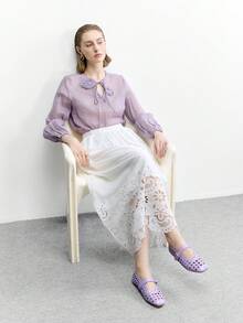 CUCCOO BIZCHIC 女士鞋 法式新款时尚紫色镂空格纹方头平底鞋，优雅百搭，舒适透气，轻便简约休闲高级凉鞋 - 紫色 - 查看 6