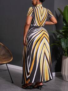 Veslaya Women's Plus Size Yellow Curve Elegant Cocktail Summer Striped Mock Neck Short Sleeve Jumpsuit And Pleated Maxi Skirt Set,Music Festival Party Outfit - Multicolor - View 7