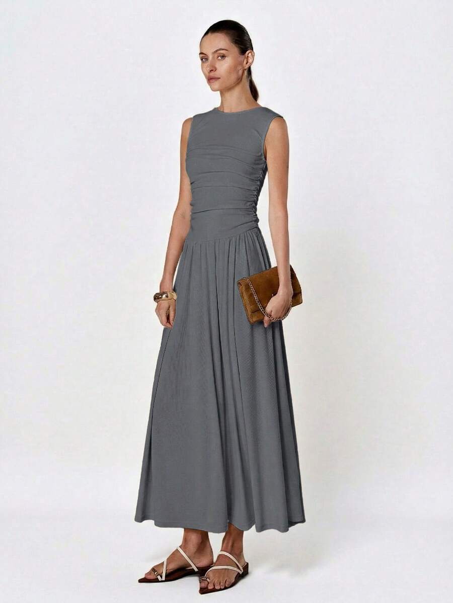 Aveloria Modichic White Minimalist Sophisticated Pleated Crew Neck Sleeveless Dress - Dark Grey - View 1