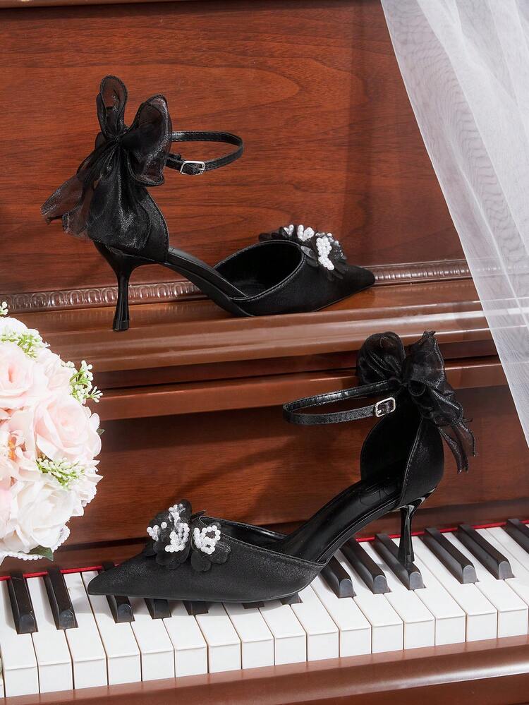 CUCCOO HITCHD Women Shoes Spring And Summer New Fairy Mesh Bow Pearl Flower Decoration Pointed Thin Heel Buckle 6cm Women's High Heel Shoes Gentle Elegance Satin Solid Color Banquet Dating Bridesmaid Shoes