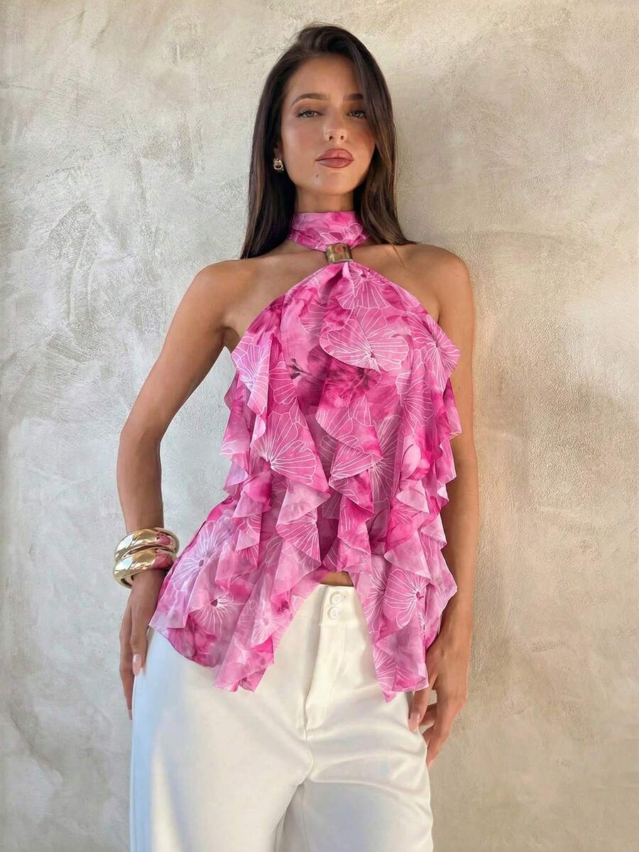 Aloruh Women's Elegant Multi-Layer Ruffle Trim Stand Collar Fitted Tank Top - Multicolor - View 1