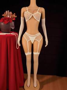 5pcs Women's Sexy Lace Semi-Sheer Spaghetti Strap Mesh Lingerie Set - White - View 4