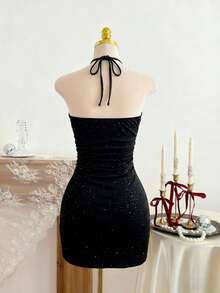 Franclia Luxury And Sexy, Sophisticated Women's Dress With Heavy Sequins, High-End Elegance, Halter Neck Laces, Decorative Buckle, Irregular Hem, And Pleats; Suitable For Spring/Summer, Parties, Vacations, Valentine's Day, And More; Also A Sexy Sleeveless Dress. - Black - View 2