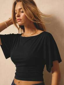 Aralina Women's Polka Dot Print Top Wide Neck Boat Neck Short Batwing Sleeves Flowy Sleeves Cute Top With Waist Ties And Cinched Waist T-Shirt Top Spot Print Old Money Style Going Out Top For Women Party Top Work Office Outfit - Black - View 1