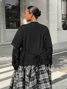 SHEIN EZwear Áo thun dài tay cổ tròn phối ren tương phản dành cho nữ cỡ lớn mùa xuân hè 2026, thích hợp đi chơi, đi học, phong cách đường phố, Y2K. - màu đen - Xem 2