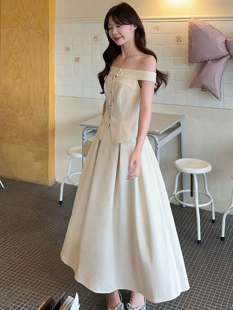 2pcs Women's Korean Design Button Off-Shoulder Top & Skirt Set, Fashionable & Elegant