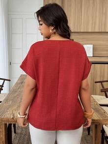 Weeklong Plus Size Women's Casual Pleated Round Neck Loose Dolman Sleeve Blouse, Suitable For Daily Wear And Vacation - Red - View 2