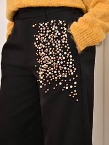 Mima John 时尚女式串珠口袋宽腿宽松裤 - 黑色 - 查看 4