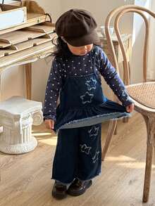 DAZY Toddler Girls' Denim Overalls With Star Applique 2 Pieces Set - Blue - View 1