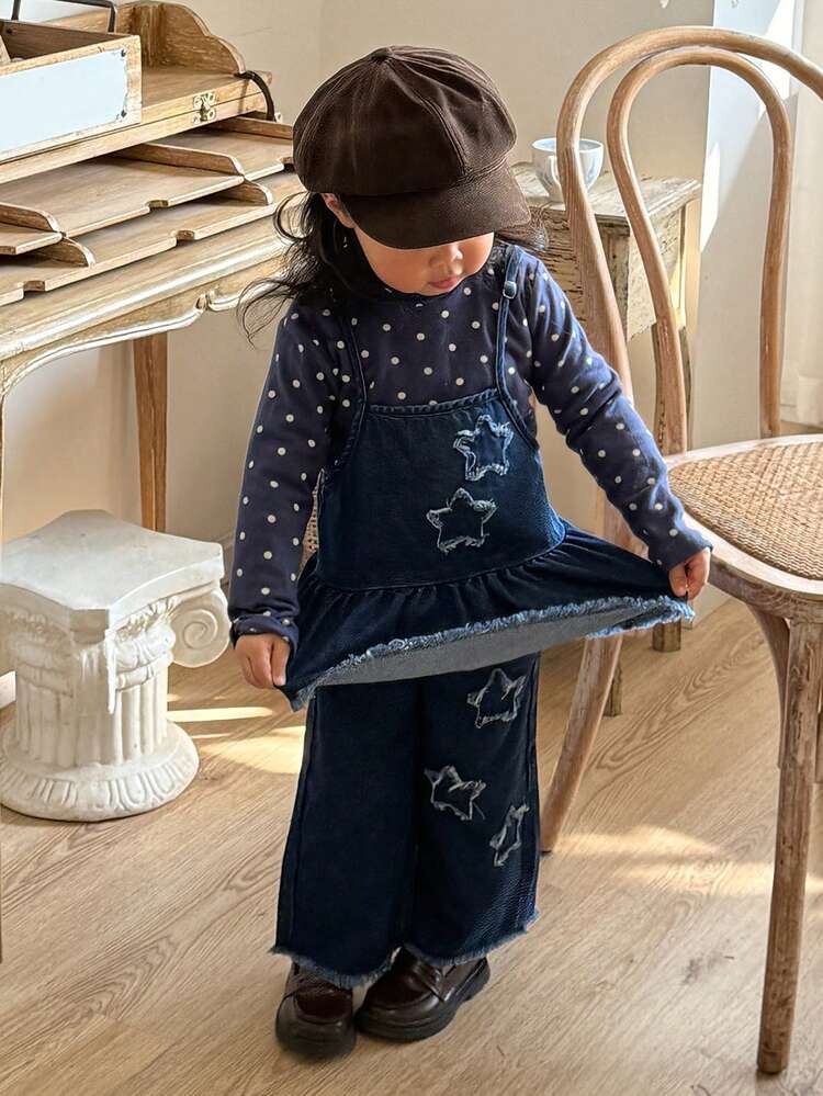 Toddler Girls' Denim Overalls With Star Applique 2 Pieces Set