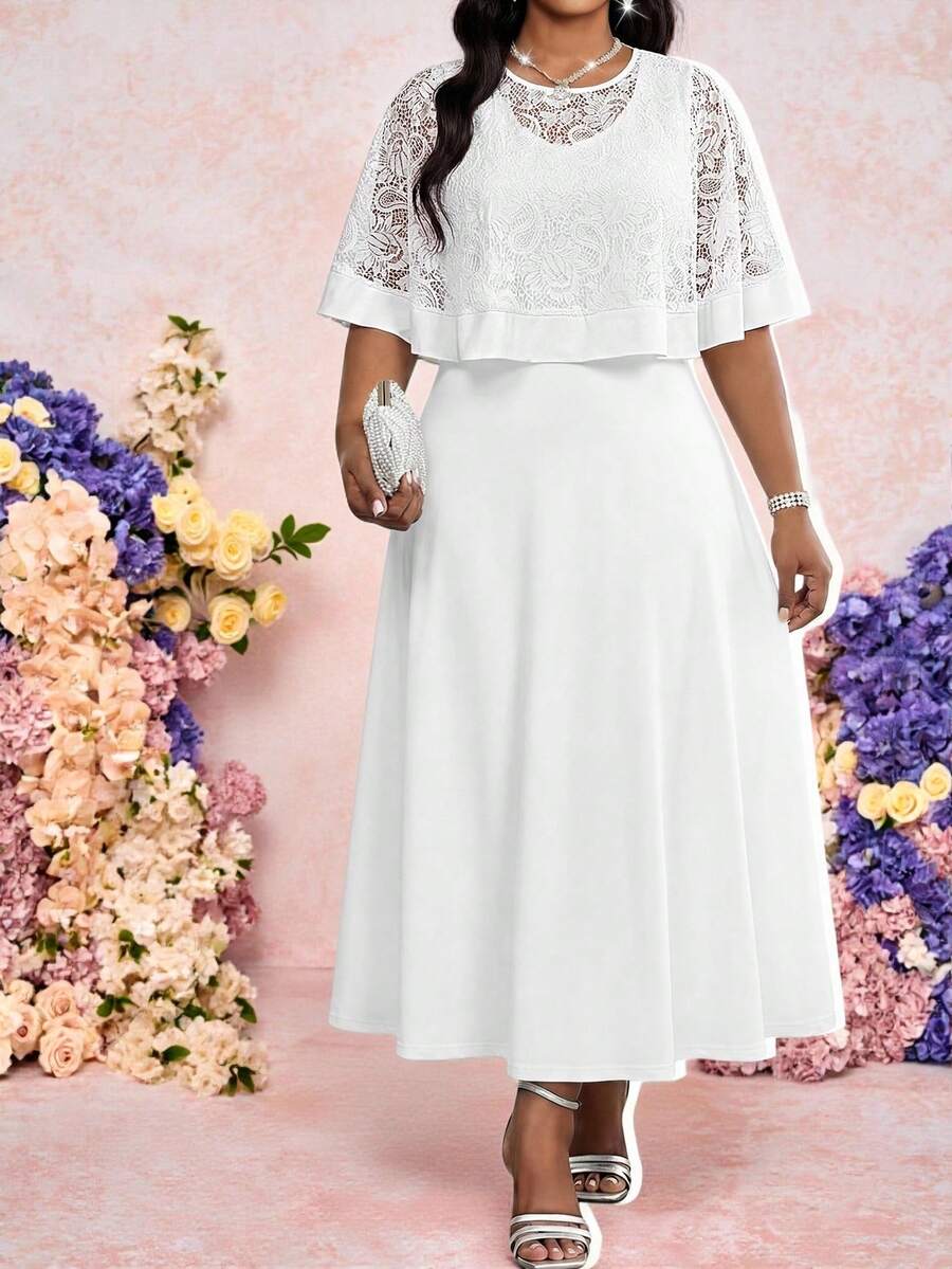 Plus Size Women Cashew Lace Poncho Top And Sleeveless Dress Elegant 2-Piece Set