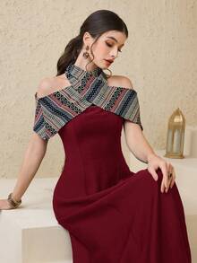 Al Najma 女士优雅复古几何提花拼接露肩吊带连衣裙 - 酒紅色 - 查看 4