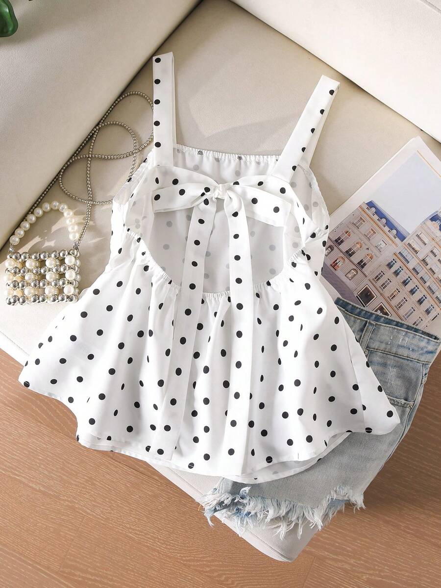 CosyJoli Atasan Camisole Kasual Wanita Ukuran Plus dengan Hiasan Ruffle dan Pita di Bagian Belakang - Hitam dan Putih - View 1