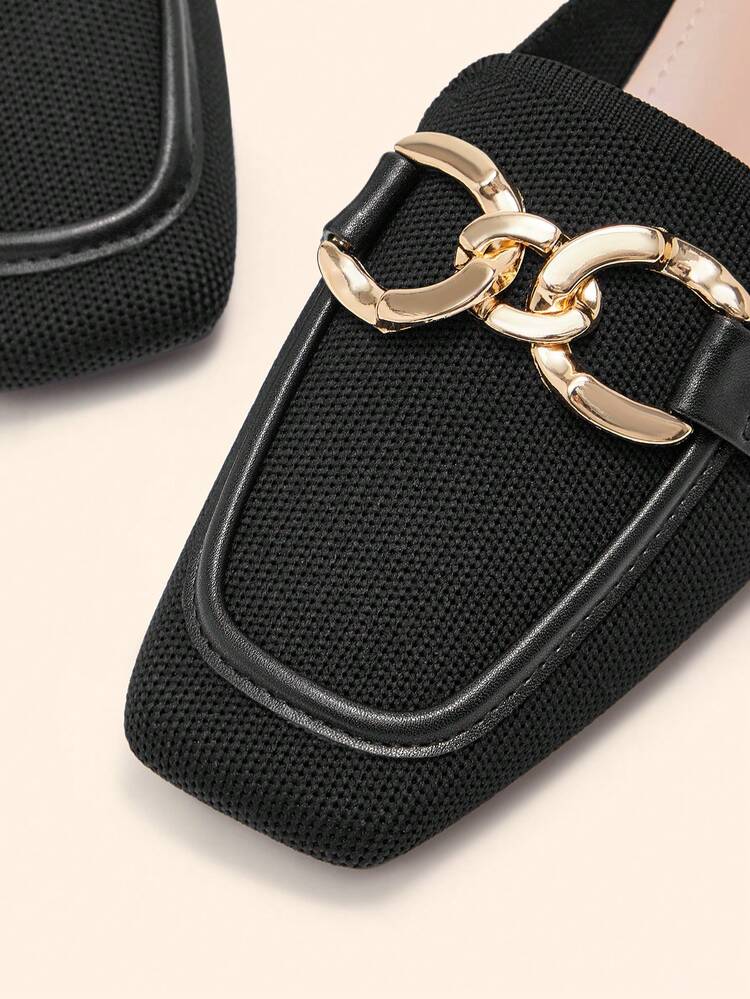 CUCCOO BASICS Women's Low Heel Square Toe Fashion Black Knit Metal Buckle Comfortable Slip-On Mules, Suitable For Daily, Commute, And Dates Spring Shoes