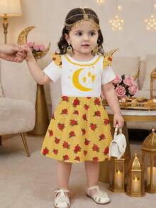 SHEIN Girls Cute Star & Moon Cartoon Floral Ruffle Hem Tee & Skirt - Multicolor - View 3
