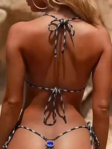 Swim SXY Women's Leopard Print Halter Neck Backless Sexy Beach 2-Piece Bikini Swimsuit, Summer - Multicolor - View 4