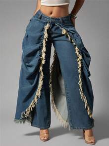 Denimoi Overlayed Raw Edge Ruching Detail Jeans Fashionable Denim Statement Jeans Concert Outfit - Medium Wash - View 1