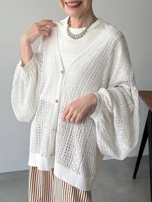 FRIFUL Women's Solid Color V-Neck Single-Breasted Hollow Casual Versatile Lightweight Cardigan For Daily Wear - White - View 5
