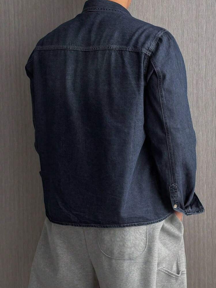 Men's Solid Dark Grey Washed Distressed Denim Jacket, Autumn