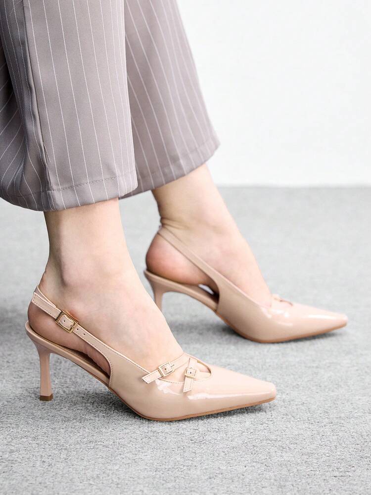 CUCCOO BIZCHIC Women Shoes Spring And Autumn New French Small Square Toe Thin High Heel Apricot Buckle Slingback With Simple Elegance Elegant Commuting To Work Comfortable Women's High Heel Shoes Slingback Women's Shoes
