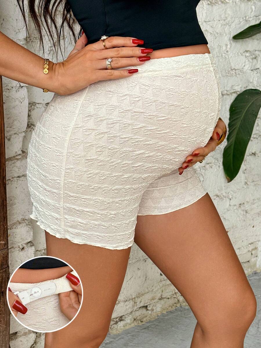 SHEIN 孕妇夏季休闲度假提花可调节腰围短裤 - 杏色 - 查看 1