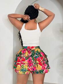 Slaydiva 大码女装两件套 - 修身纯色绿色露脐上衣搭配宽松多层荷叶边热带植物动物印花短裤，休闲度假装，春夏皆宜，夏季女装泳衣两件套工作短裤Y2K半身裙，大码女装夏季套装，女式泳衣收腹 - 白色 - 查看 3