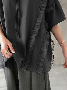 FRIFUL Women's Round Neck Multi-Layer Mesh Patchwork Loose Lantern Sleeve Shirt With Bow Tie Collar - Grey - View 6