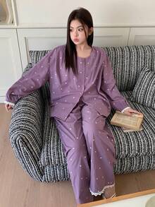 Dazy Plus 大码女式蕾丝星形印花宽松长袖上衣和直筒裤睡衣套装，春、夏、秋季时尚睡衣 - 紫色 - 查看 1
