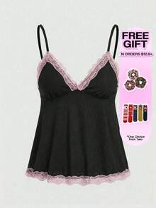 ROMWE Fairycore Áo camisole nữ phối ren tương phản kiểu dáng thường ngày - màu đen - Xem 5
