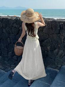 DAZY Women's Lace V-Neck Sleeveless Short Vest And Long Skirt Two Pieces Vacation Set - White - View 5