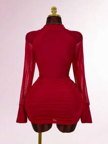 Amplova Plus Size Solid Color V-Neck Waist Fitted Bodycon Dress For Women - Red - View 2