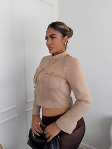 Maria Perezxox Women's Warm Thick Metal Button Decorated Cargo Green Short Jacket, Suitable For Autumn/Winter Fall Cloth For Women - Apricot - View 3