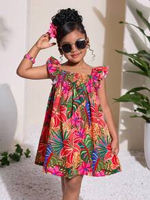 少女休闲时尚碎花方领荷叶袖A字直筒连衣裙 - 彩色 - 查看 4