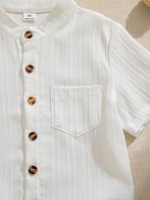Souflis Souflis 2 peças/Conjunto Menino Jovem 4-7 Anos Estilo Francês Camisa de Colarinho Listrado Texturizado Branco Combinada com Shorts Listrados Tecidos, Conjunto Confortável e na Moda - Multicolorido - Visão 6