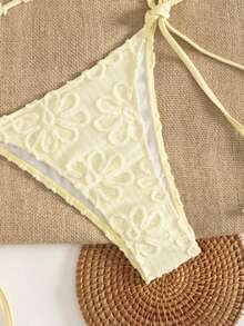 Swim Mod Women's Summer Vacation Beach 3D Floral Textured Halter Bikini 2 Pieces Swimwear - Yellow - View 4