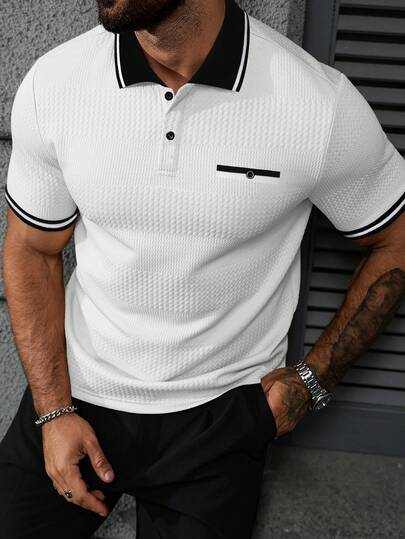 Manfinity CasualCool Men's Contrast Texture Fabric Short Sleeve Polo Shirt, Suitable For Outings, Office Wear