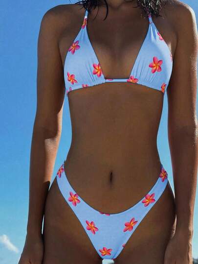 Swim Vcay 2pcs/Set New Ditsy Floral Multi-Color Triangle Halter Sexy Bikini Swimsuit Set For Women