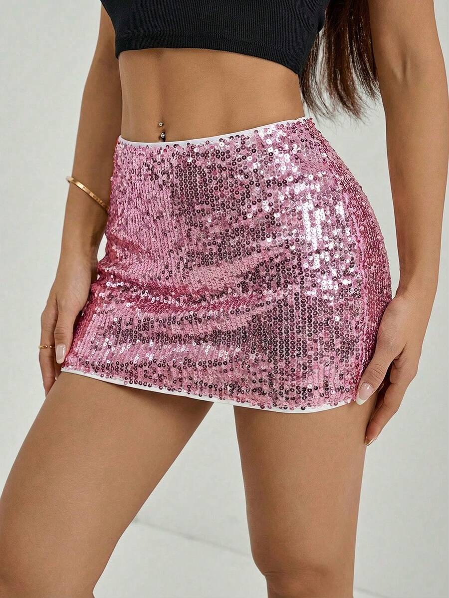 SHEIN PETITE Chân váy ngắn đính sequin màu trơn dành cho nữ, thích hợp cho các dịp tiệc tùng.