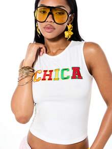 SUMWON WOMEN 女士短款刺绣图案吊带背心，彩色字母刺绣，无袖圆领，棉混纺面料，夏季休闲节日上衣 - 白色 - 查看 4