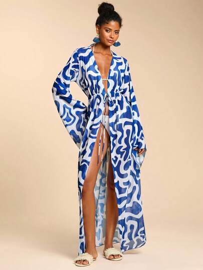 Travachic Women's Vacation All-Over Print Flare Sleeve Belted Kimono Cover Up,Beach,Beach Outfits For Women,Beach Set,Going Out,Vacation,Vacation Outfits Women,Holiday,Summer,Summer Clothes,Summer Outfits For Women,Valentine's Day,Carnival,Carnival Costume,Party ,Going Out,Going Out Outfits,Casual,Elegant,Y2k,Flower,White ,Blue