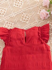 SHEIN Đầm liền thân tay bồng tối giản, chất liệu vải dệt họa tiết, thích hợp cho bé gái mặc trong những ngày hè mát mẻ. - Đỏ - Xem 5